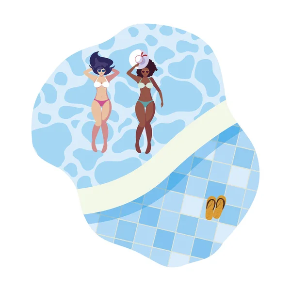Interracial niñas pareja con trajes de baño flotando en la piscina — Vector de stock