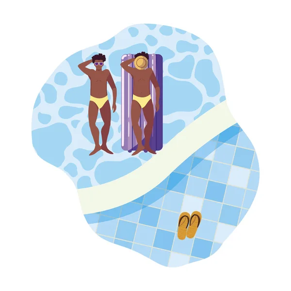 Afro uomo con costume da bagno e materasso galleggiante in acqua — Vettoriale Stock