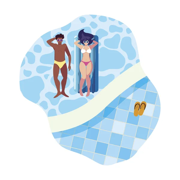 Interracial par med flottör madrass i vatten — Stock vektor