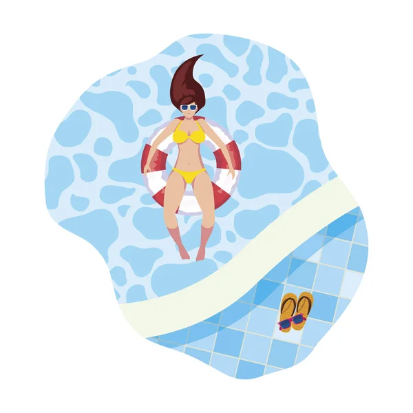 Mujer con traje de baño y salvavidas flotando en la piscina — Vector de stock
