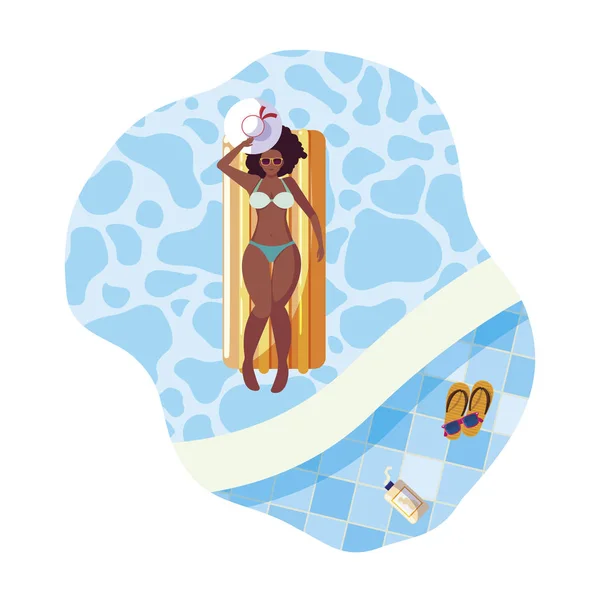 Afro femme avec matelas flottant dans la piscine — Image vectorielle