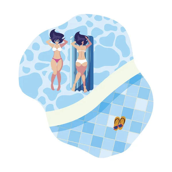 Hermosas chicas con colchón flotante flotando en el agua — Vector de stock