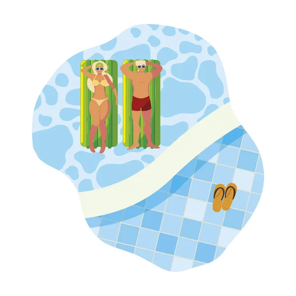 Jovem casal com colchão flutuante na água —  Vetores de Stock