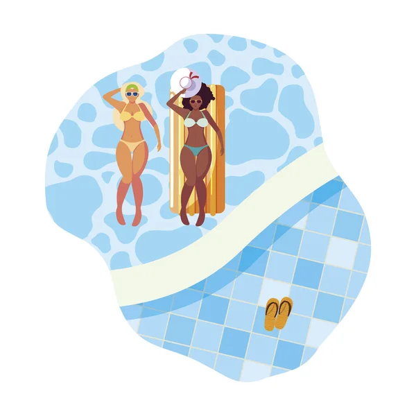 Belles filles interracial avec matelas flottant dans l'eau — Image vectorielle