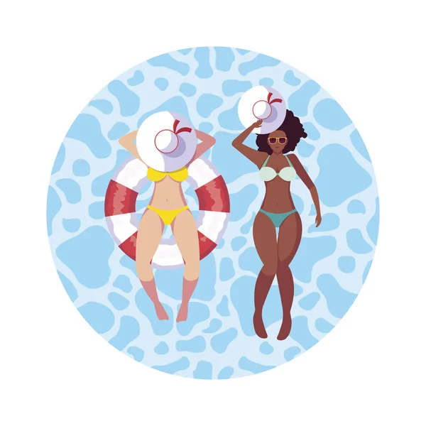 Interracial girls with swimsuit and lifeguard float in water — Stock Vector