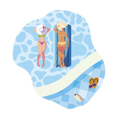 Havuz yüzer yatak ile güzel kızlar