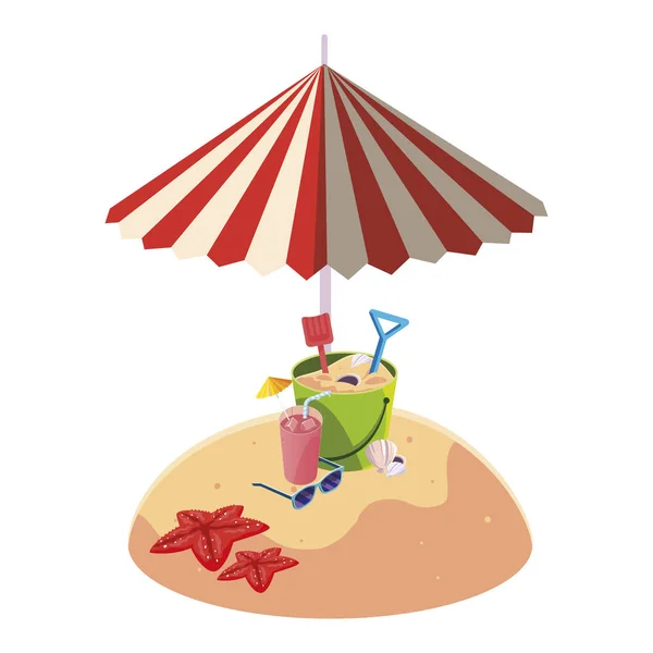 Playa de arena de verano con sombrilla y cubo de arena juguete — Vector de stock