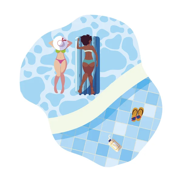 Piękne Międzyrasowe dziewczyny z pływakiem materac w wodzie — Wektor stockowy