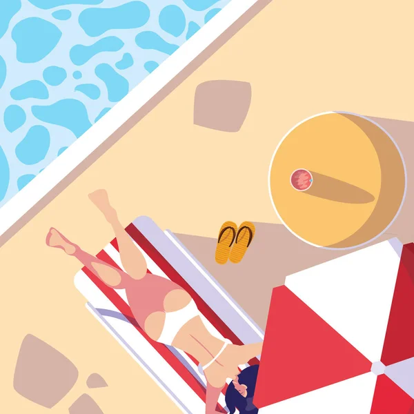 Mulher com roupa de banho bronzeada na piscina —  Vetores de Stock