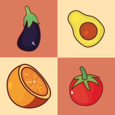eggplant tomato avocado orange set