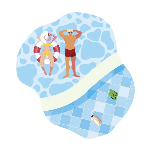Giovane coppia con costume da bagno e galleggiante in acqua — Vettoriale Stock