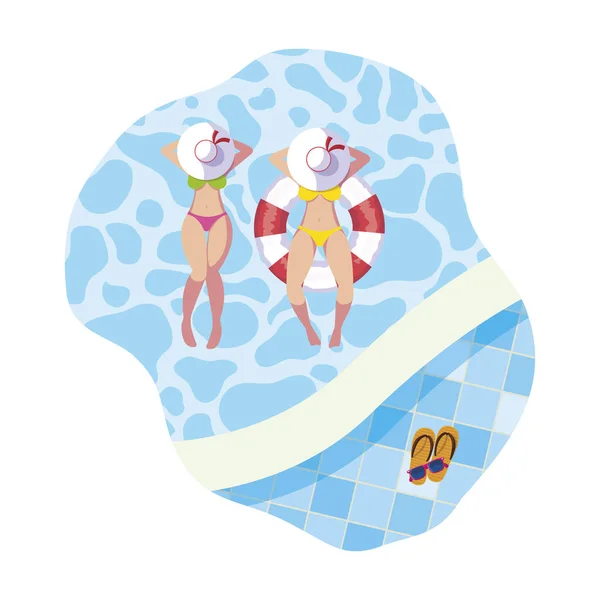 女孩与泳衣和救生员漂浮在游泳池 — 图库矢量图片