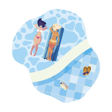 Yüzer yatak ile güzel kızlar suda yüzen