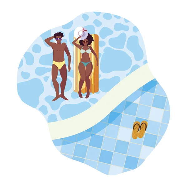 Young afro couple with float mattress in water — Stock Vector
