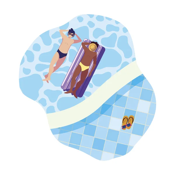 Interracial men with swimsuit and float mattress in water — Stock Vector