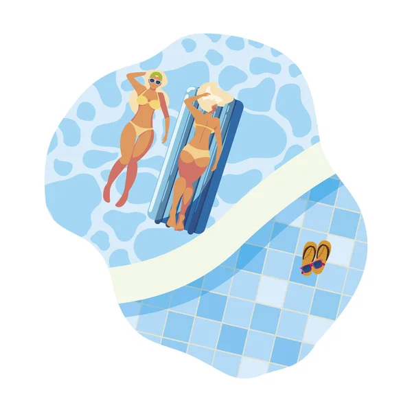 Meninas bonitas com colchão flutuante flutuando na água — Vetor de Stock