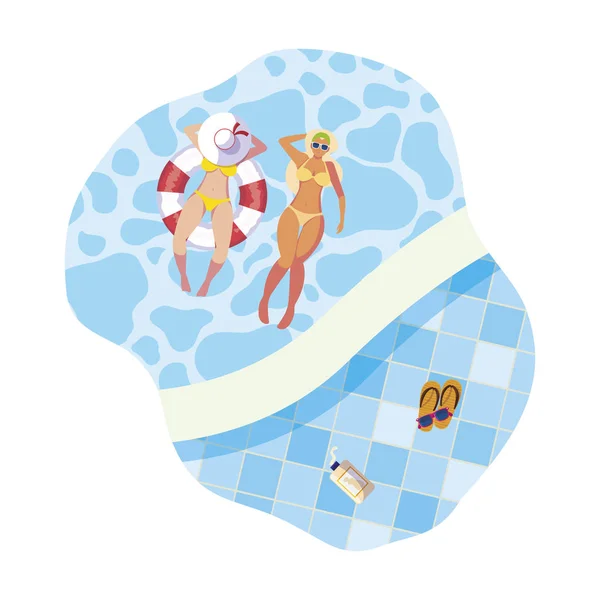 Meninas com maiô e salva-vidas flutuar na piscina — Vetor de Stock