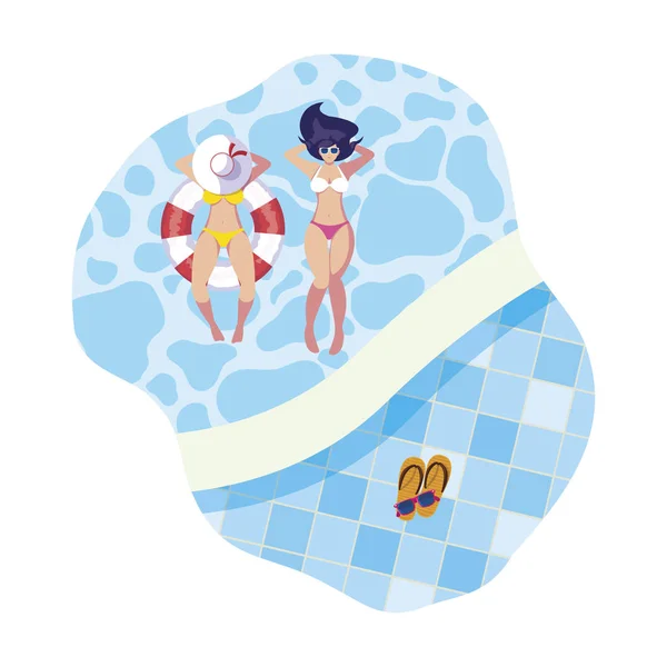 Chicas con traje de baño y salvavidas flotan en la piscina — Vector de stock