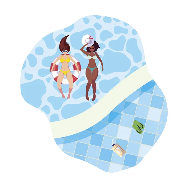 Meninas inter-raciais com maiô e salva-vidas flutuar na água — Vetor de Stock