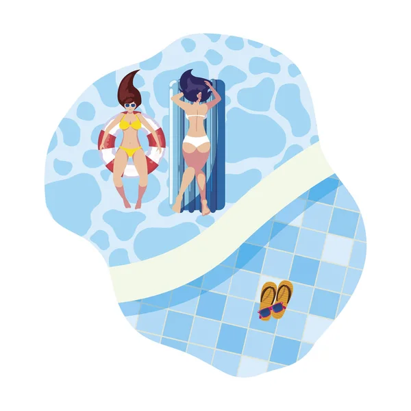 Chicas con traje de baño en salvavidas y colchón flota en la piscina — Vector de stock