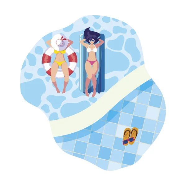 Chicas con traje de baño en salvavidas y colchón flota en la piscina — Vector de stock