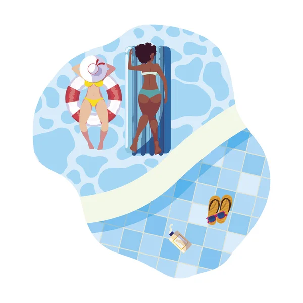 Interracial girls with swimsuit and lifeguard float in water — Stock Vector