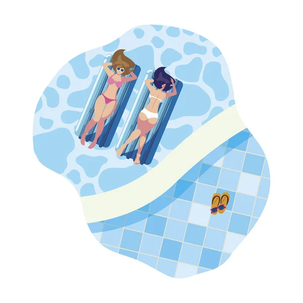 Krásné dívky s plovoucí matrací plovoucí ve vodě — Stockový vektor