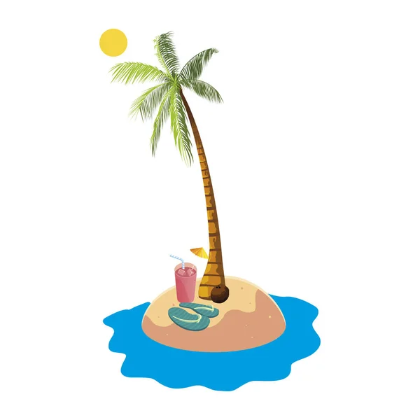 Playa de verano con palmeras y zumo escena cóctel de frutas — Vector de stock