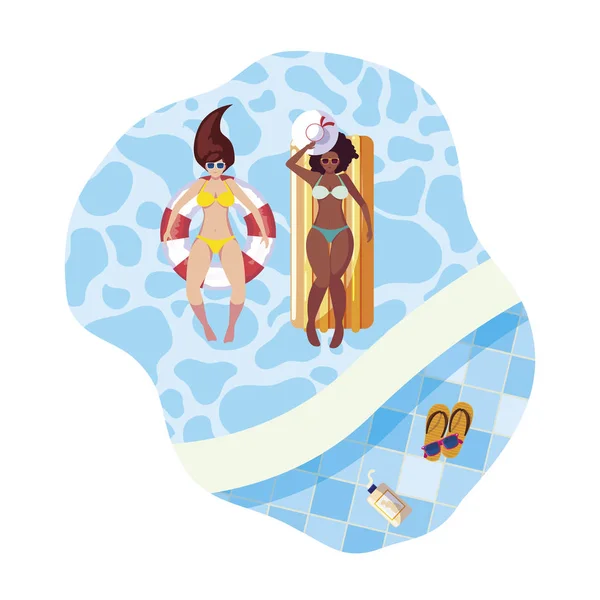 Chicas interracial con traje de baño y salvavidas flotan en la piscina — Vector de stock
