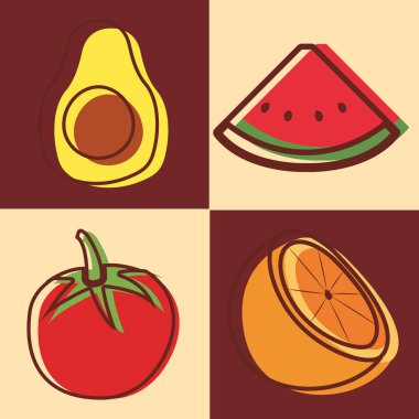 Avokado domates karpuz ve turuncu