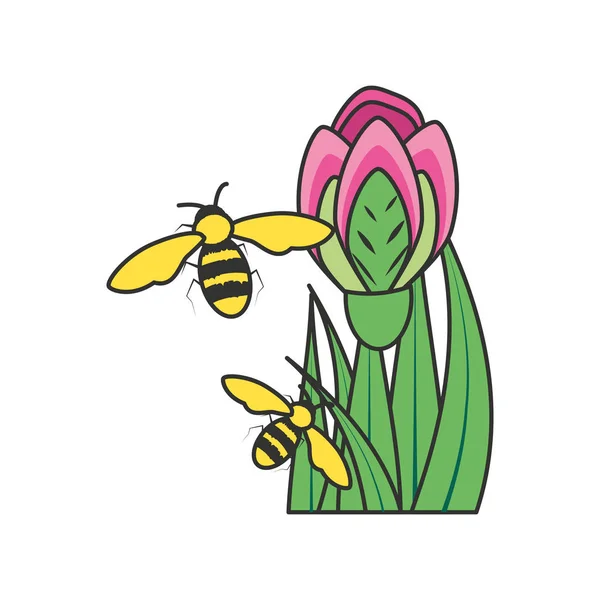 Bee insect met rozen aard en bladeren — Stockvector