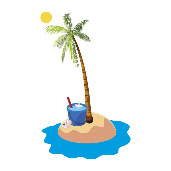 Plage d'été avec palmiers et seau d'eau scène — Image vectorielle