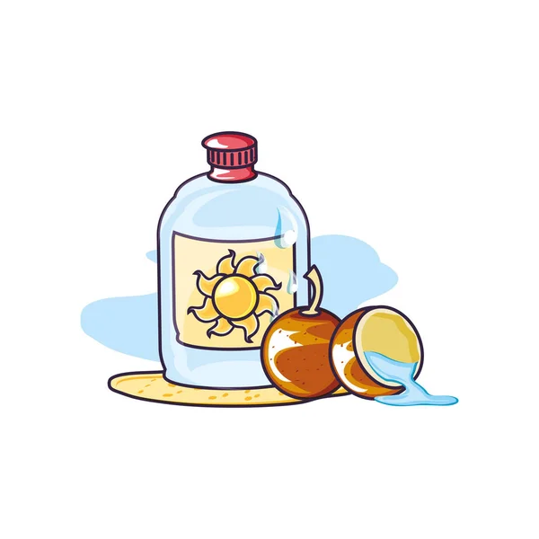 Пляшка сонячного блокатора на пляжі з кокосовими фруктами — стоковий вектор