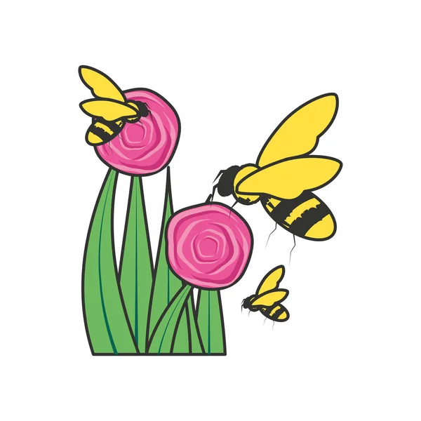 Bee insect met rozen aard en bladeren — Stockvector