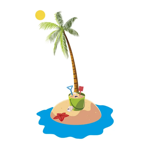 Plage d'été avec palmiers et seau de sable scène — Image vectorielle