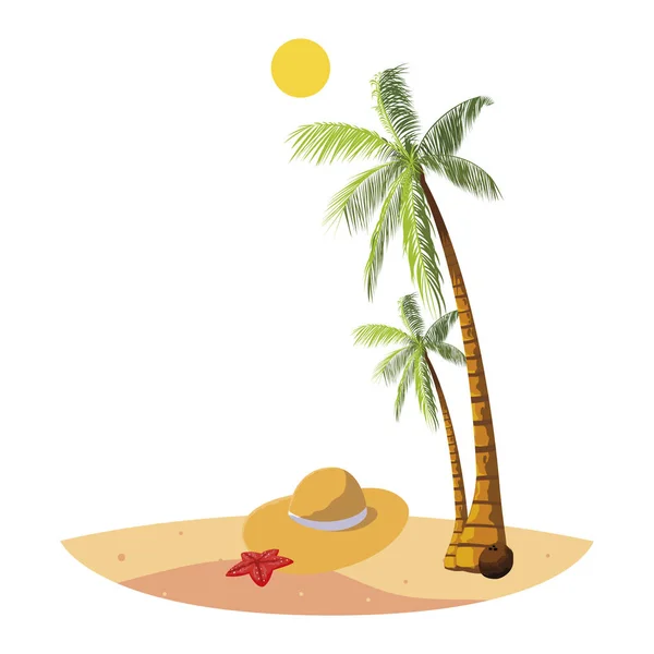 Καλοκαιρινή παραλία με φοίνικες και σκηνή ψάθινο καπέλο — Διανυσματικό Αρχείο