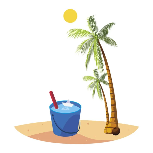 summer beach with palms and water bucket scene
