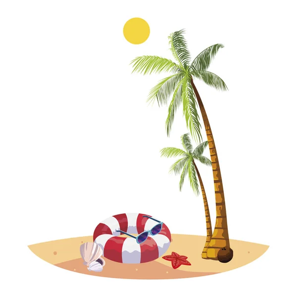 夏季海滩与棕榈树和浮动场景 — 图库矢量图片