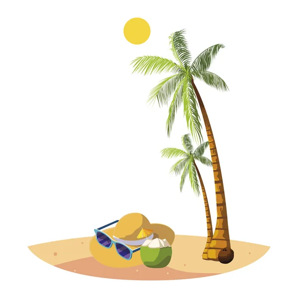 Nyári strand pálmák és Szalmakalapot jelenet — Stock Vector