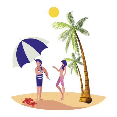 plaj yaz sahnesinde kadın ile genç çocuk