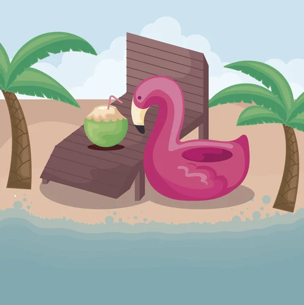 Affiche d'été avec flotteur flamand à la plage — Image vectorielle
