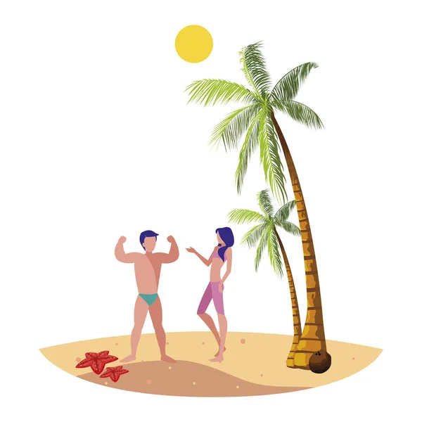 Νεαρό ζευγάρι στην παραλία καλοκαιρινή σκηνή — Διανυσματικό Αρχείο