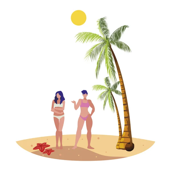 Young girls couple on the beach summer scene — Stock Vector