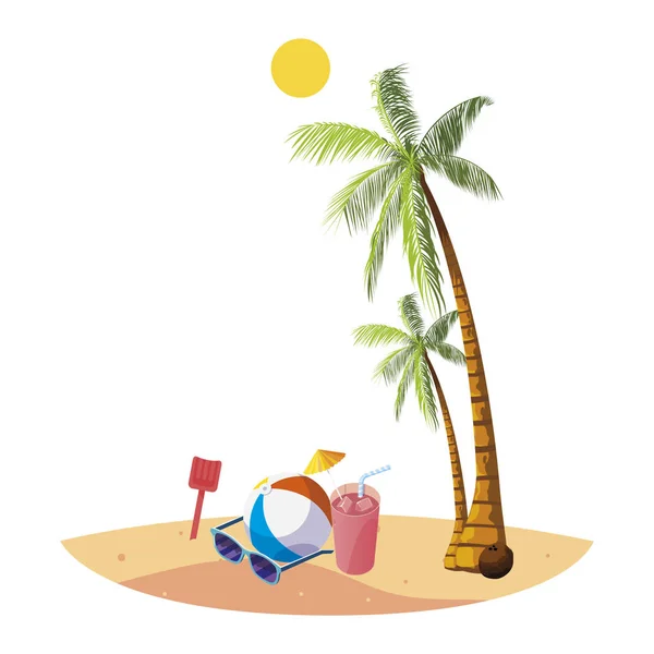 Plage d'été avec palmiers et ballon scène de jouet — Image vectorielle