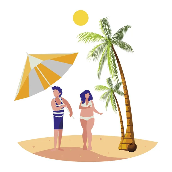 Young boy with woman on the beach summer scene — Stock Vector