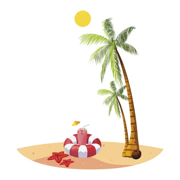 Playa de verano con palmeras y escena de flotador — Vector de stock