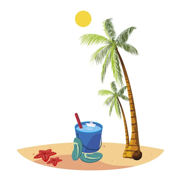 Playa de verano con palmeras y cubo de agua escena — Vector de stock