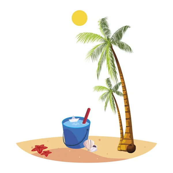 Palmiye ve su kova sahnesi ile yaz Plajı — Stok Vektör