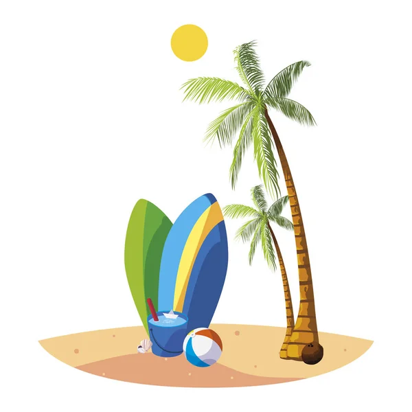 Plage d'été avec palmiers et planches de surf scène — Image vectorielle