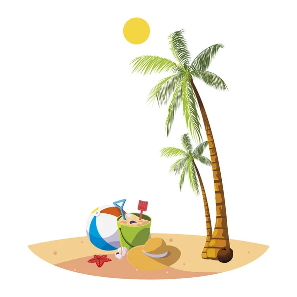 ヤシと砂のバケツのシーンと夏のビーチ — ストックベクタ